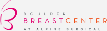 Boulder Breast Center logo, with a grey background and pink, orange and grey letters